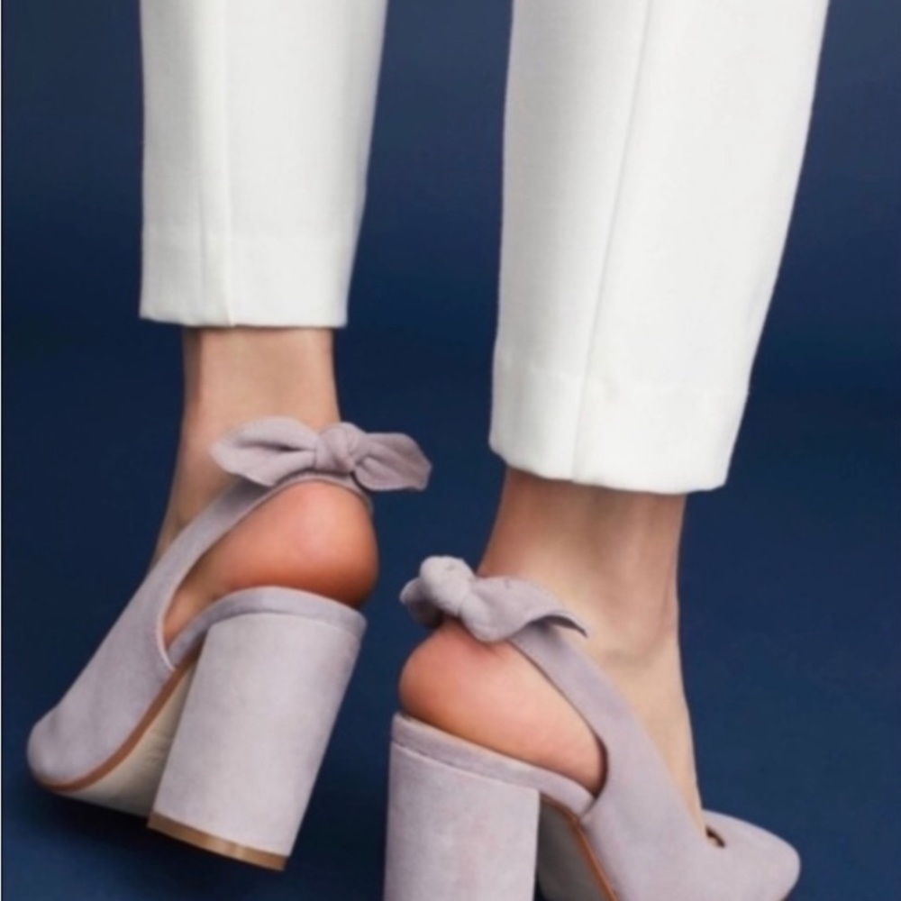 Anthropologie Suede Bow Slingback 3.5” Block Heels Lilac Purple Size 37 / 7 M